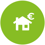 Icon mit stilisiertem Haus und Eurozeichen, grüner Hintergrund